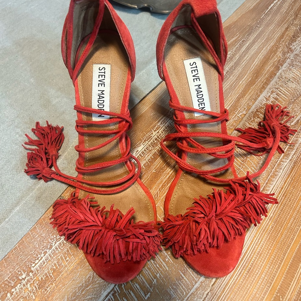 Steve Madden Red Suede Fringe Lace-Up Heels